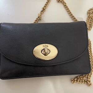 Coach Black Leather Wallet Crossbody Bag with Gold Chain